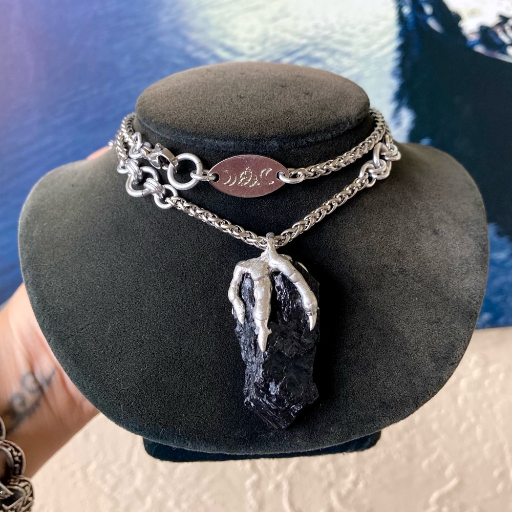 Black raw natural tourmaline gemstone electroplated charm steel boho necklace . - Picture 8 of 12